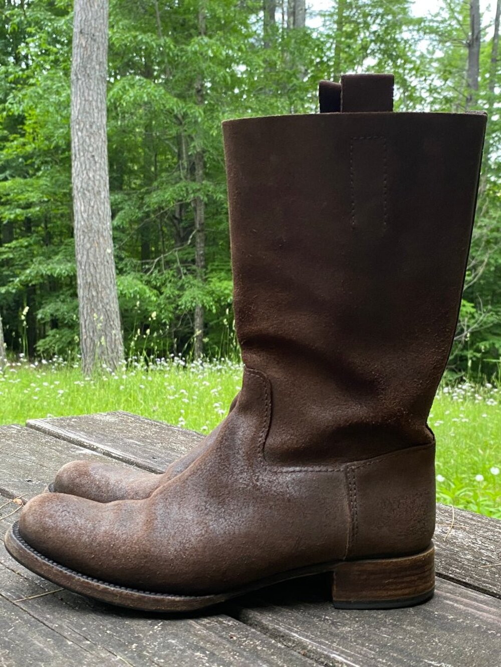 PRADA Dark Brown Distressed Suede Leather Pull On Beth Dutton Boots-Size 38 1/2